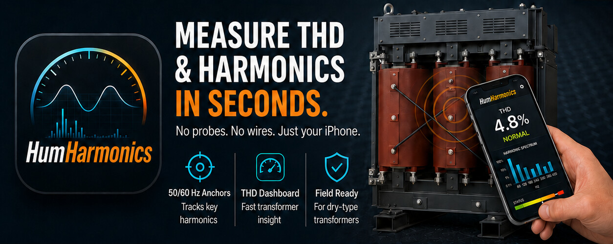 HumHarmonics measuring THD and harmonics in seconds with no probes or wires, shown beside a dry-type transformer with a 4.8% THD NORMAL reading